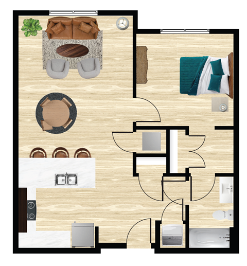 Floor plan for 1 bed, 1 bath, 952 sqft