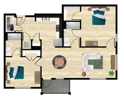 Floor plan for 2 beds, 2 baths, 1175 sqft