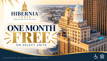 New Orleans apartment for rent - An advertisement for a one month free offer on select units at the Hibernia Tower in New Orleans.