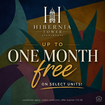 New Orleans apartment for rent - An advertisement for Hibernia Tower Apartments offering up to one month free on select units.