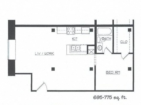 Floor plan for 1 bed, 1 bath, 890 sqft