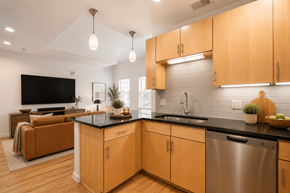 Richmond apartment for rent - A modern kitchen with wooden cabinets and a black countertop.