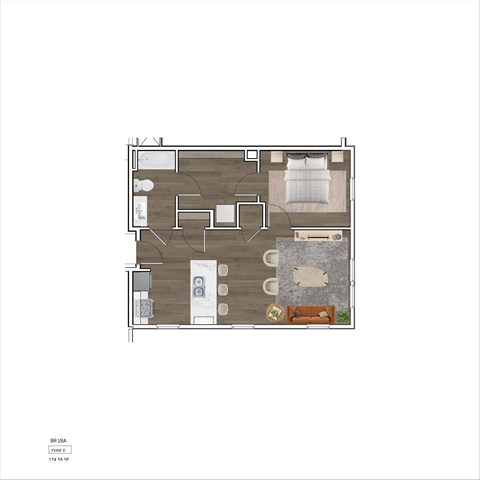 Floor plan for 1 bed, 1 bath, 665 sqft