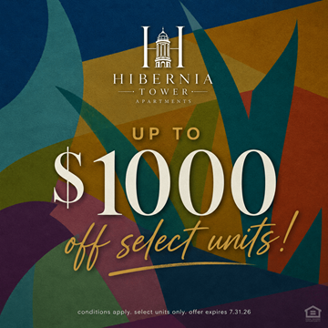New Orleans apartment for rent - A promotional image for Hibernia Tower Apartments advertising up to $1000 off select units.