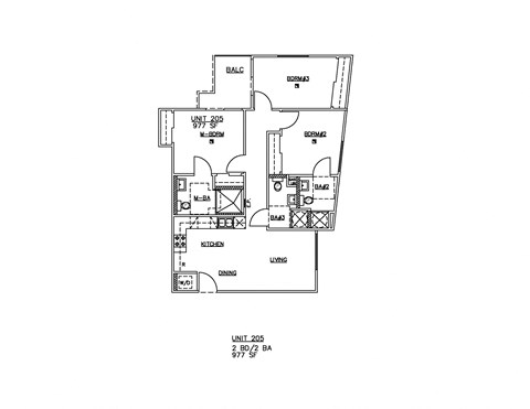 Floor plan for 3 beds, 2 baths, 977 sqft