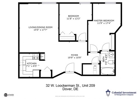 Floor plan for 2 beds, 1 bath, 925 sqft