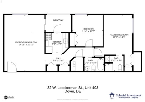 Floor plan for 2 beds, 2 baths, 1000 sqft