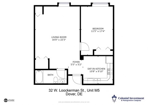 Floor plan for 1 bed, 1 bath, 741 sqft
