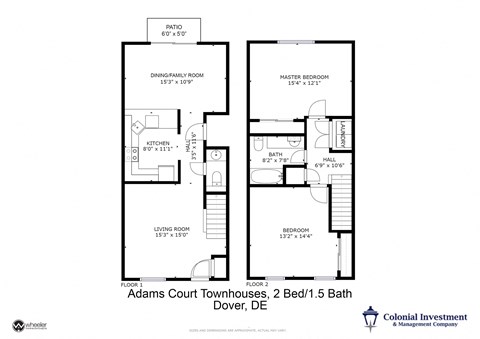 Floor plan for 2 beds, 1.5 baths, 1216 sqft
