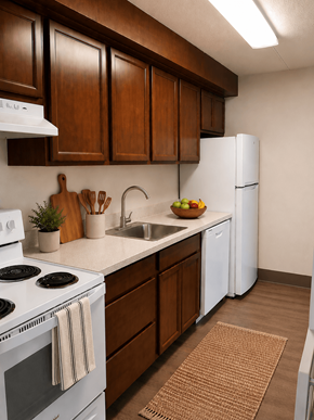 Reynoldsburg townhouse for rent - A kitchen with a white stove top oven and a white refrigerator.