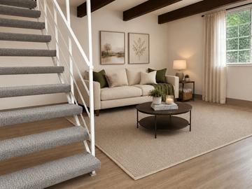 Reynoldsburg townhouse for rent - A living room with a staircase, couch, and coffee table.
