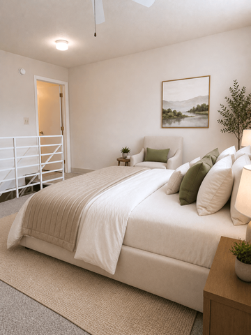 Reynoldsburg townhouse for rent - A bedroom with a large bed and a painting on the wall.
