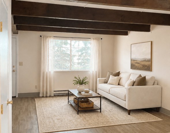 Reynoldsburg townhouse for rent - A living room with a couch, coffee table, and a painting on the wall.