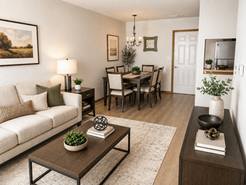 Findlay apartment for rent - A living room with a white couch, a coffee table, and a dining table set up.