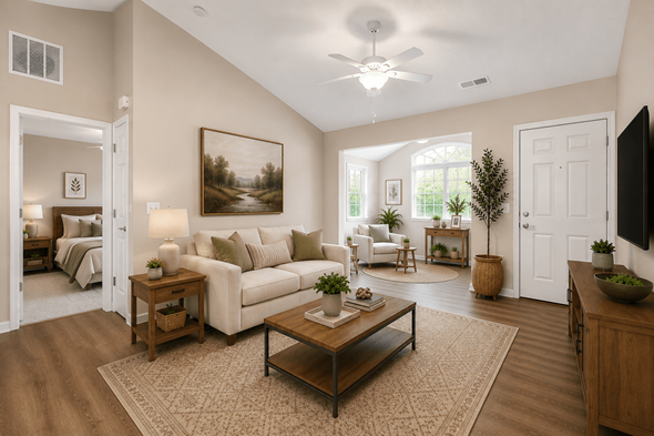 Springfield apartment for rent - A living room with a couch, end tables and a coffee table in front of a sunroom.