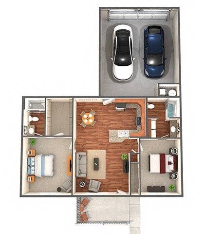 Floor plan for 2 beds, 2 baths, 1040 sqft