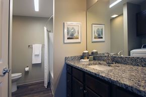 Groveport apartment for rent - A bathroom with a granite counter top and a toilet.