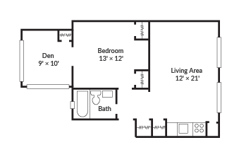 Floor plan for 1 bed, 1 bath, 746 sqft