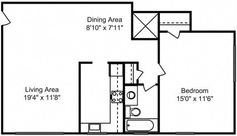 Floor plan for 1 bed, 1 bath, 684 sqft