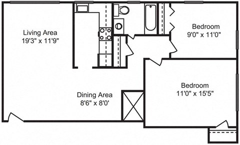 Floor plan for 2 beds, 1 bath, 827 sqft