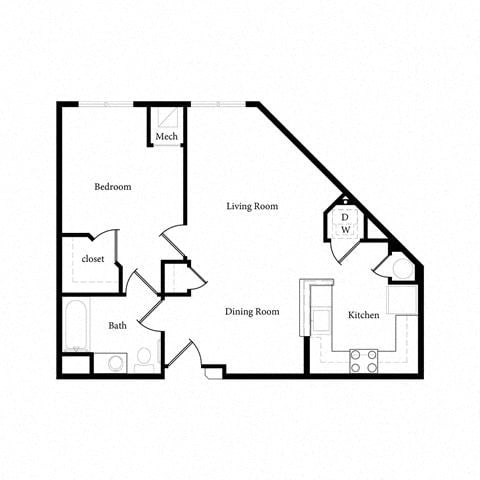 Floor plan for 1 bed, 1 bath, 691 sqft