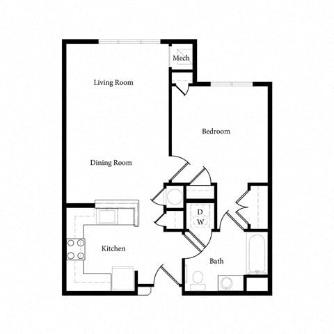 Floor plan for 1 bed, 1 bath, 672 sqft