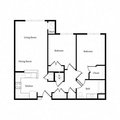 Floor plan for 2 beds, 1 bath, 922 sqft