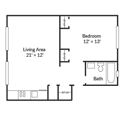 Floor plan for 1 bed, 1 bath, 588 sqft