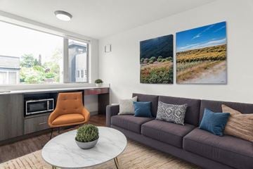 Seattle apartment for rent - A living room with a grey couch, orange chair, and a table with a plant on it.