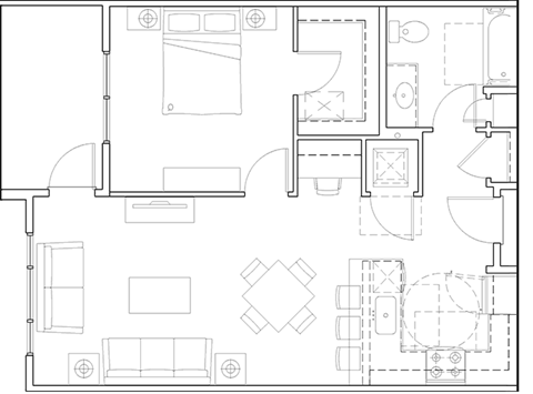 Floor plan for 1 bed, 1 bath, 720 sqft
