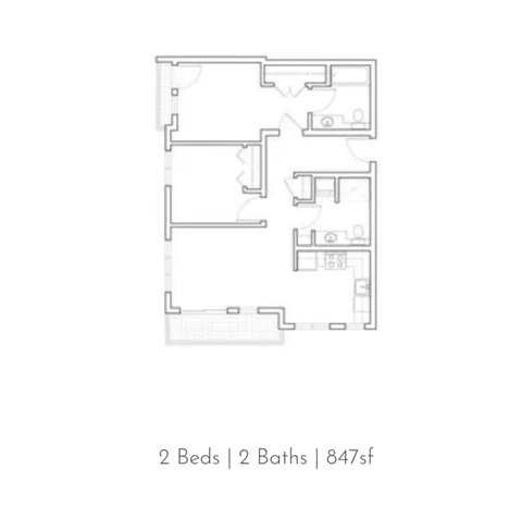 Floor plan for 2 beds, 2 baths, 847 sqft