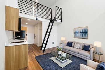 Seattle apartment for rent - A living room with a grey couch and a black ladder.
