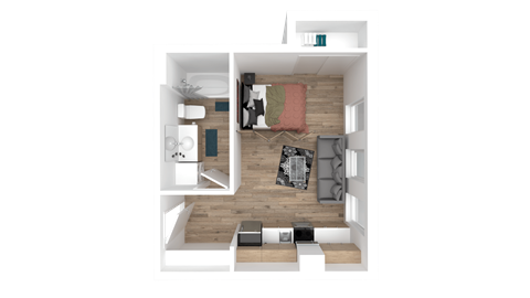 Floor plan for studio, 1 bath, 377 sqft