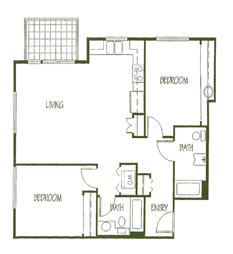 Floor plan for 2 beds, 2 baths, 939 sqft