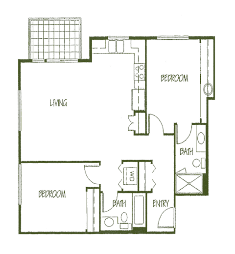 Floor plan for 2 beds, 2 baths, 939 sqft