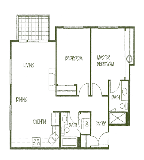Floor plan for 2 beds, 2 baths, 939 sqft