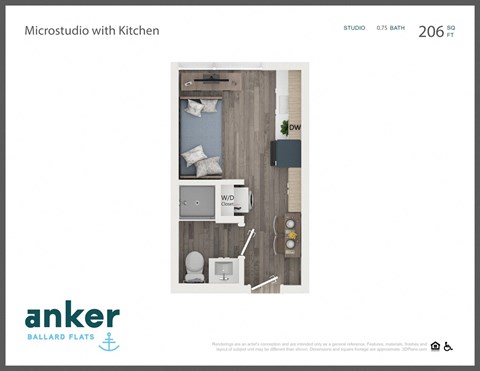Floor plan for studio, 1 bath, 206 sqft