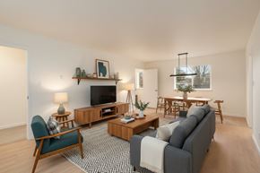 Seattle apartment for rent - A living room with a grey couch, a green chair, a wooden coffee table, and a television.
