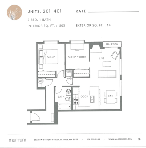 Floor plan for 2 beds, 1 bath, 803 sqft