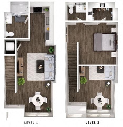 Floor plan for 1 bed, 2 baths, 785 sqft
