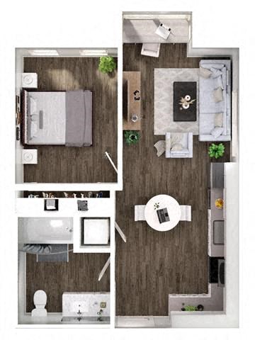 Floor plan for 1 bed, 1 bath, 577 sqft
