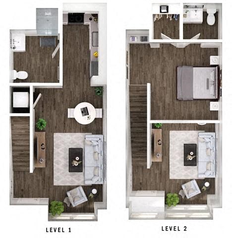 Floor plan for 1 bed, 2 baths, 757 sqft