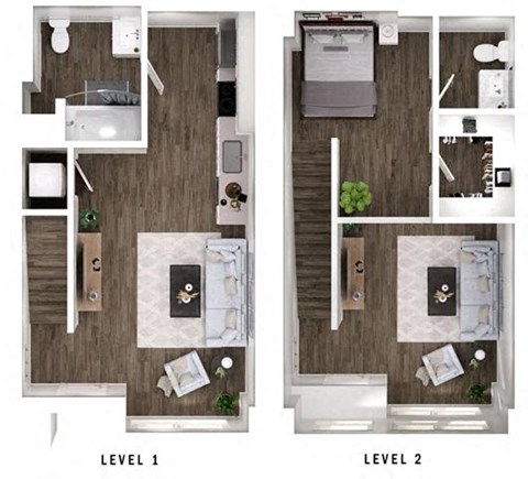 Floor plan for 1 bed, 2 baths, 750 sqft