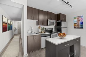 Seattle apartment for rent - A modern kitchen with a white countertop and dark brown cabinets.