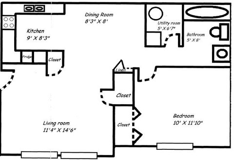 Floor plan for 1 bed, 1 bath, 611 sqft