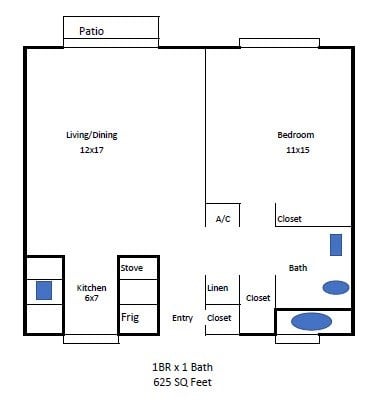 Floor plan for 1 bed, 1 bath