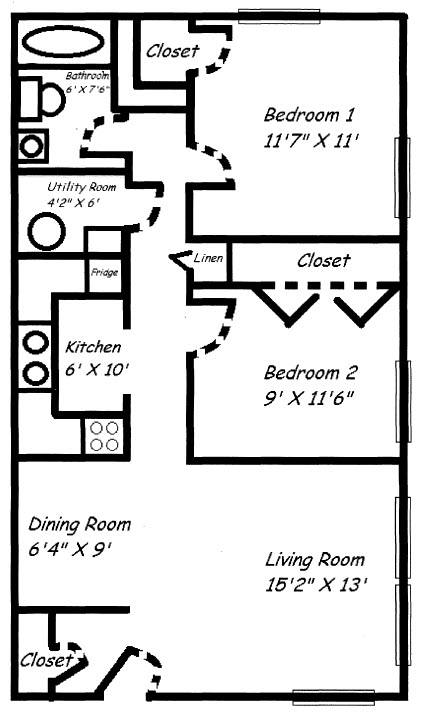 Floor plan for 2 beds, 1 bath, 831 sqft
