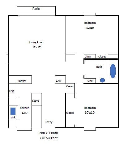 Floor plan for 2 beds, 1 bath