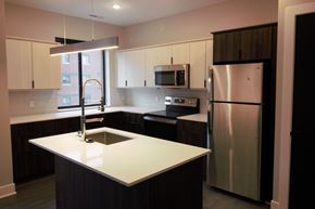 Lincoln apartment for rent - a kitchen with a sink and a refrigerator