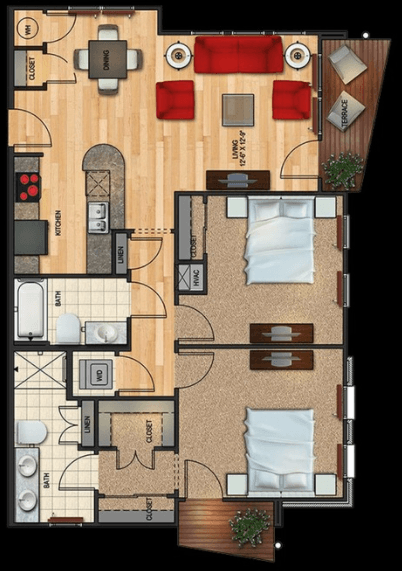 Floor plan for 2 beds, 2 baths, 1040 sqft